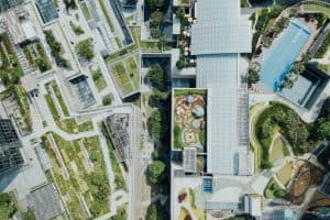 Aerial view of a green city.